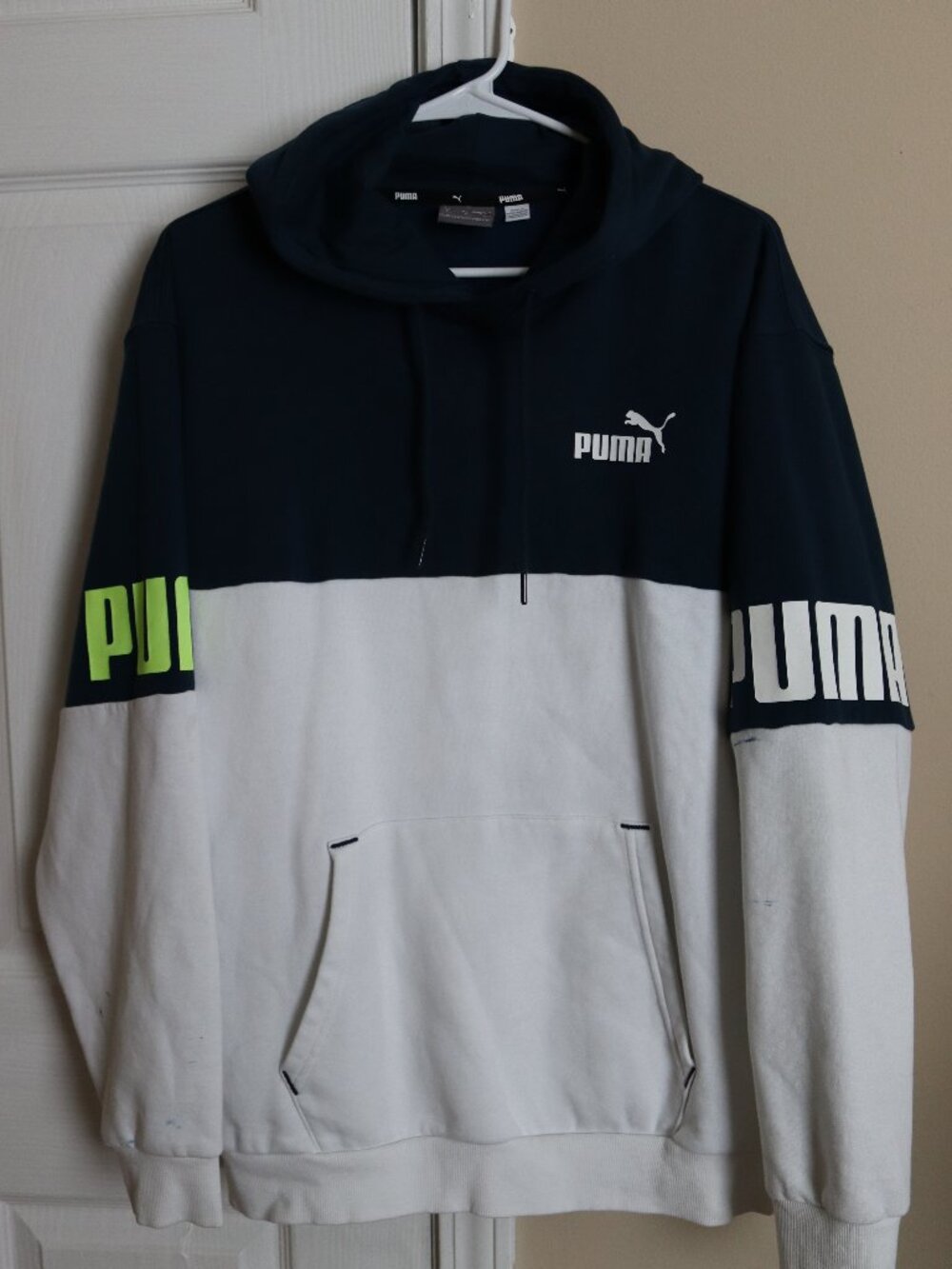 PUMA Power Colorblock Pullover Hoodie | Navy White Lime | Men’s Size L